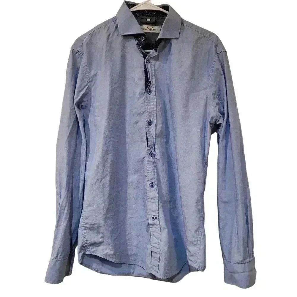 Ethan Williams Men's Blue w Polka-dot Cotton Dress Shirt EUC sz L Pit to pit 19